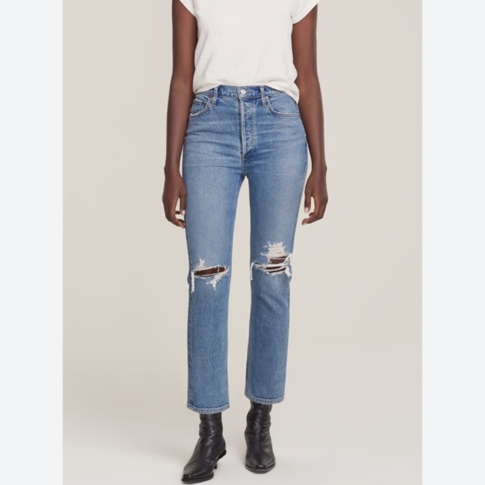 AGOLDE HIGH WAISTED STRAIGHT LEG BUTTON FLY JEANS STRETCH DENIM SZ 28